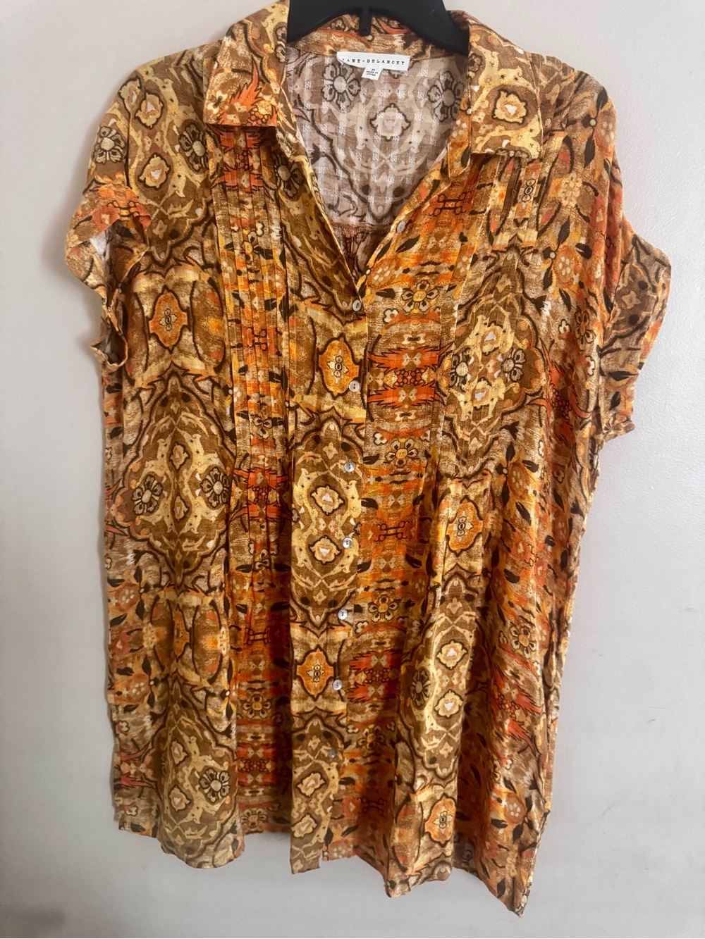 Eileen Fisher Golden Brown and Orange Patterned Short-Sleeve Tunic